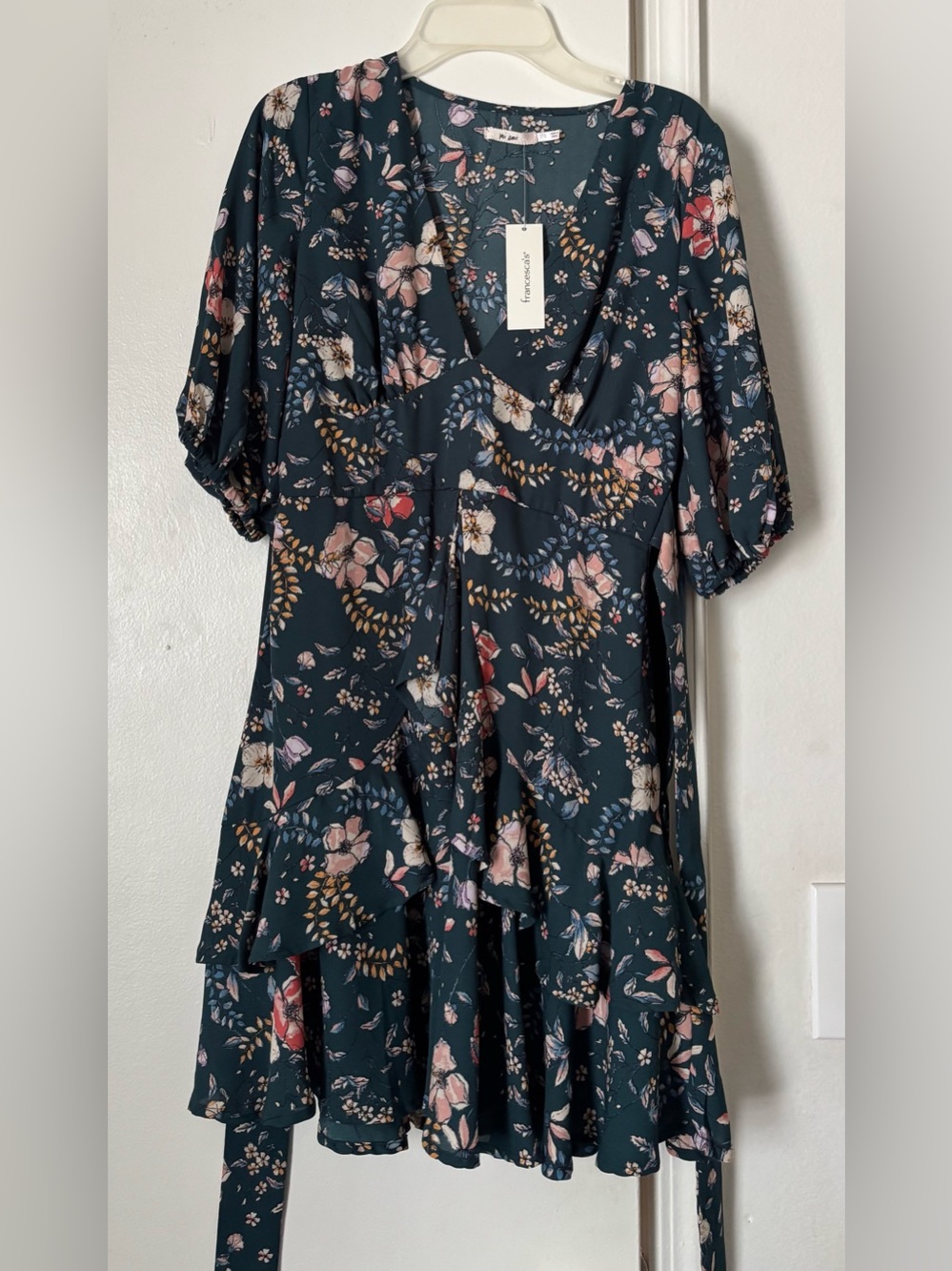 Francesca's Collections Teal Floral V-Neck Ruffle Mini Dress